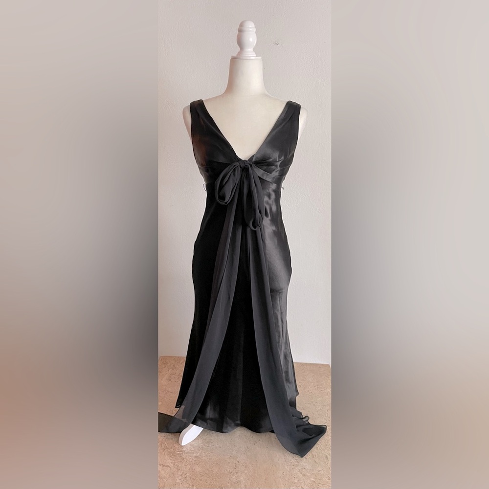 VERA WANG Vintage Gold Label Satin Midi Dress w/ Chiffon Bow